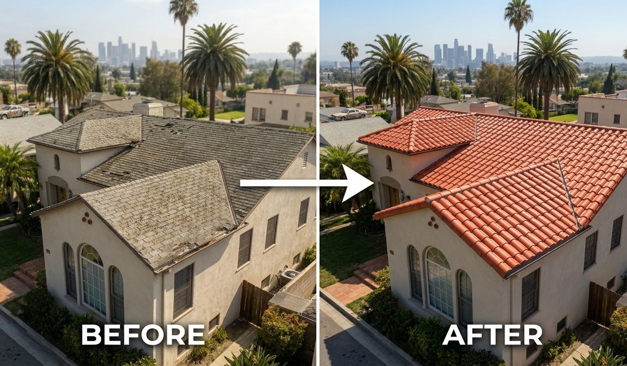 A detailed before and after composite image displaying the transformation of a roof on a Spanish-style Los Angeles home.